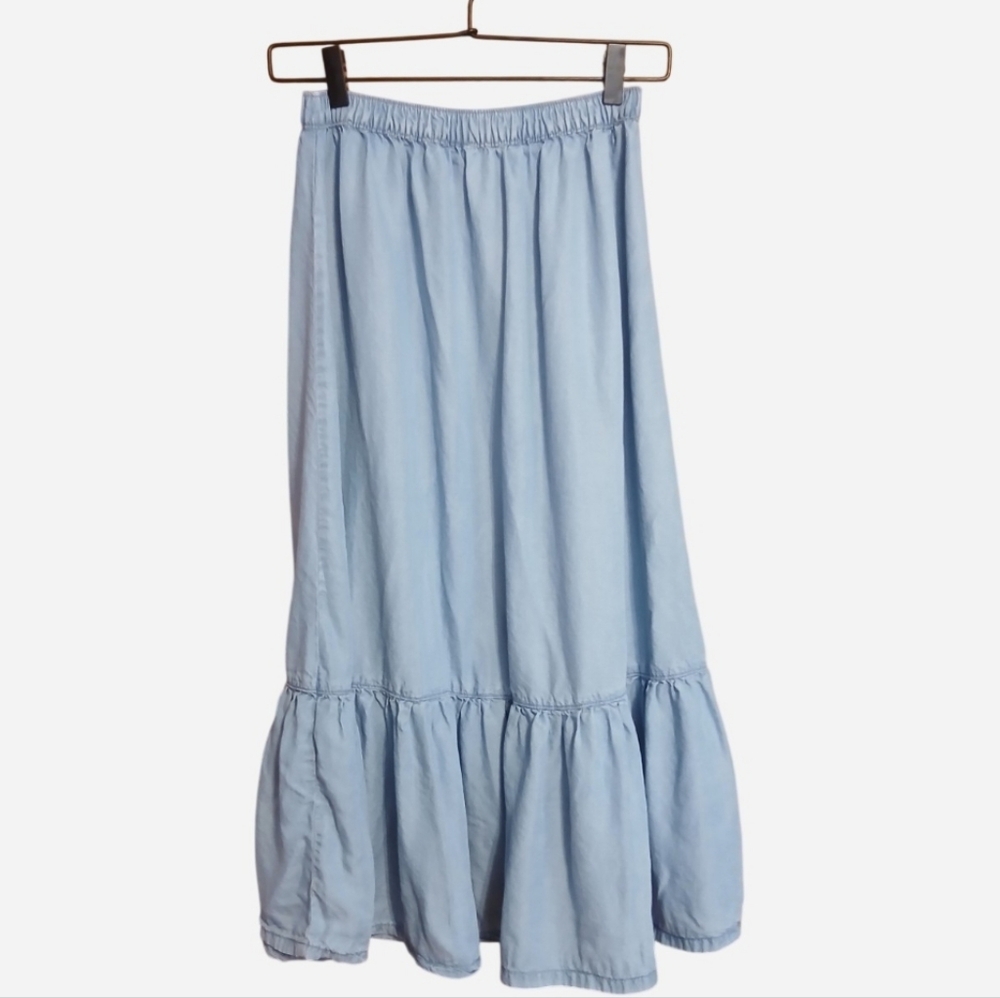 OVS Chambray Womens Tiered Midi Skirt Pockets Elastic Waist Size Small